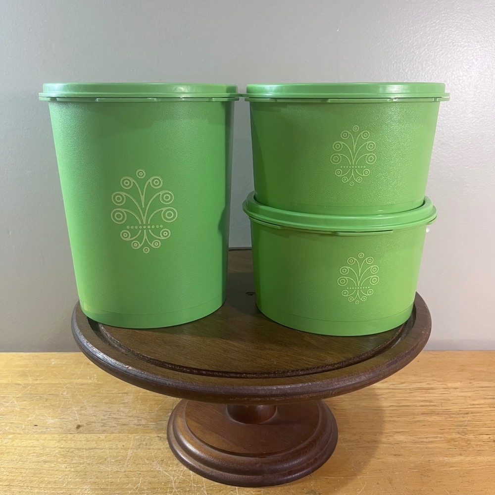 Tupperware Servalier Canister Set 3pc Green Vtg Sunburst Lid 1298 809 Scroll